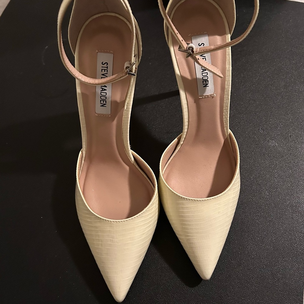 Ankle strap heels by Steve Madden in bone color.